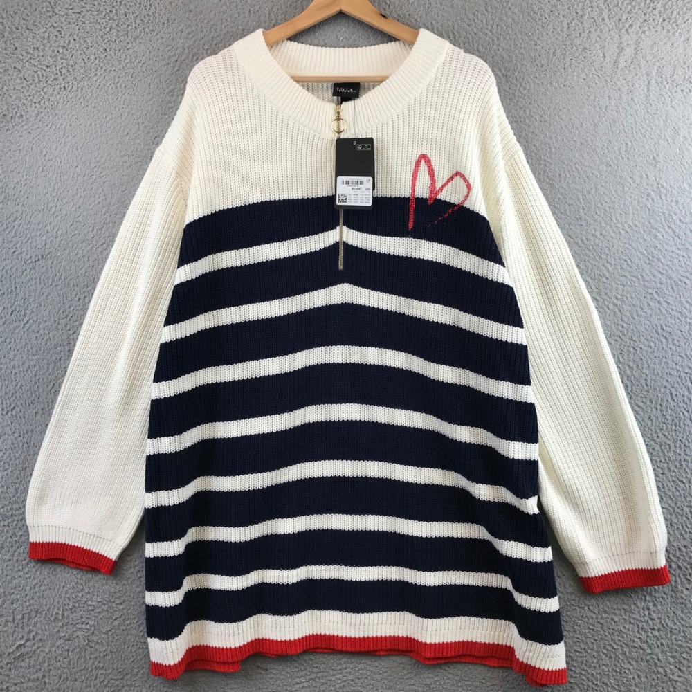 New Ulla Popken Striped Sweater Heart Detail Oversized Women's Size 24/26